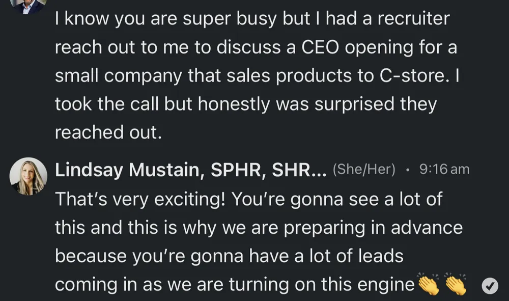 Verified client - A recruiter reached out about a CEO opening - verified client result, Lindsay Mustain coaching