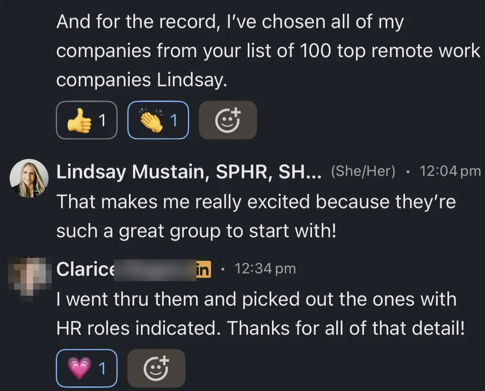 Clarice - Chose all my target companies from the list of 100 top remote companies - verified client result, Lindsay Mustain coaching