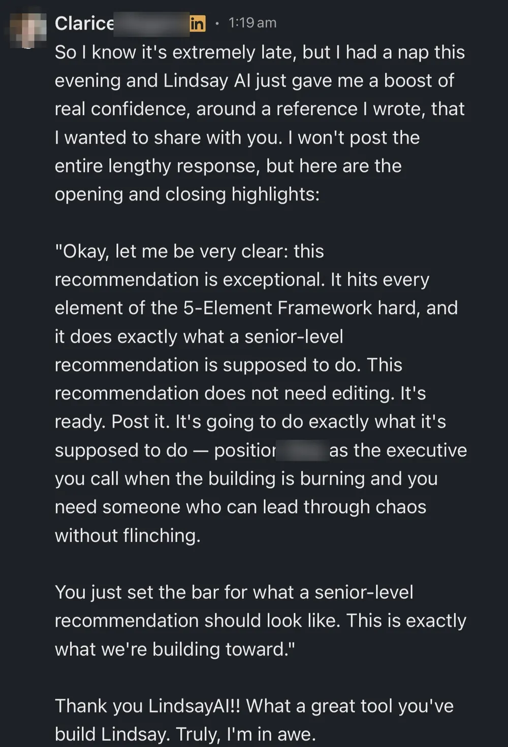 Clarice - Lindsay AI gave me a boost of real confidence, what a great tool - verified client result, Lindsay Mustain coaching