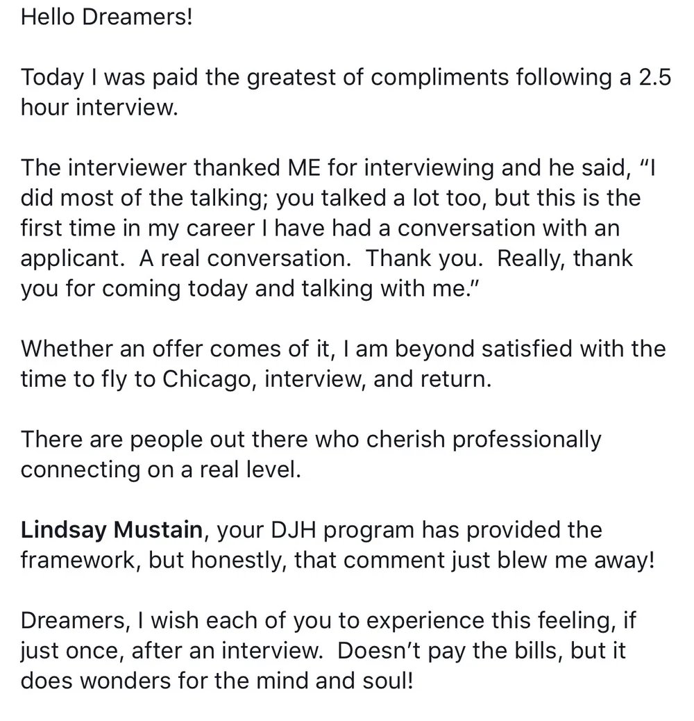 Verified Dream Job Hack client - A real 2.5-hour conversation interview - verified client result, Lindsay Mustain coaching