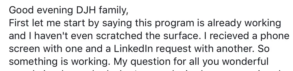 Verified Dream Job Hack client - Already working, phone screen and LinkedIn requests - verified client result, Lindsay Mustain coaching