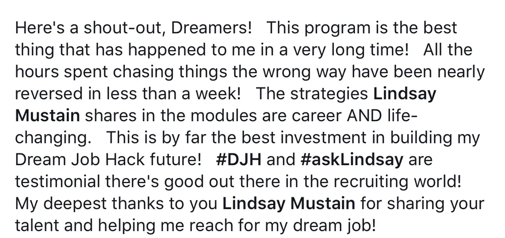 Verified Dream Job Hack client - The best investment, career and life-changing - verified client result, Lindsay Mustain coaching