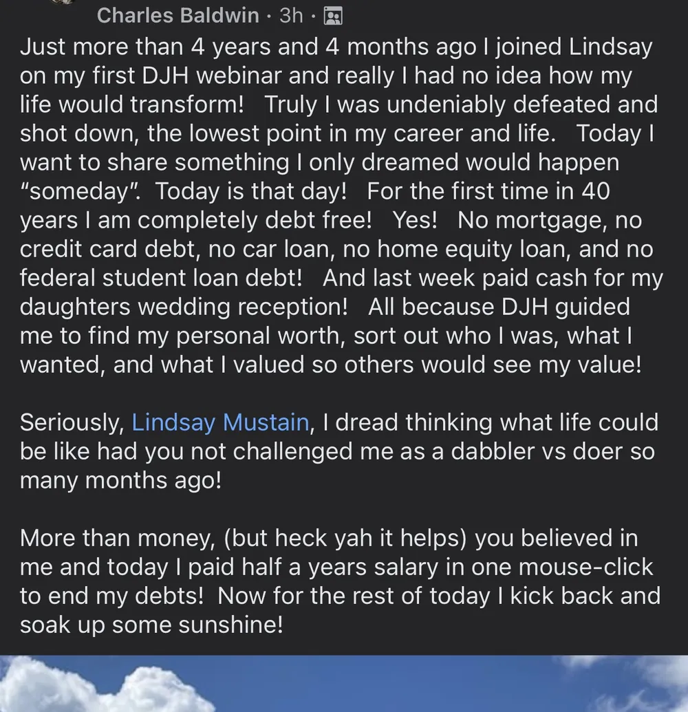 Verified Dream Job Hack client - Landed the job and became completely debt-free - verified client result, Lindsay Mustain coaching