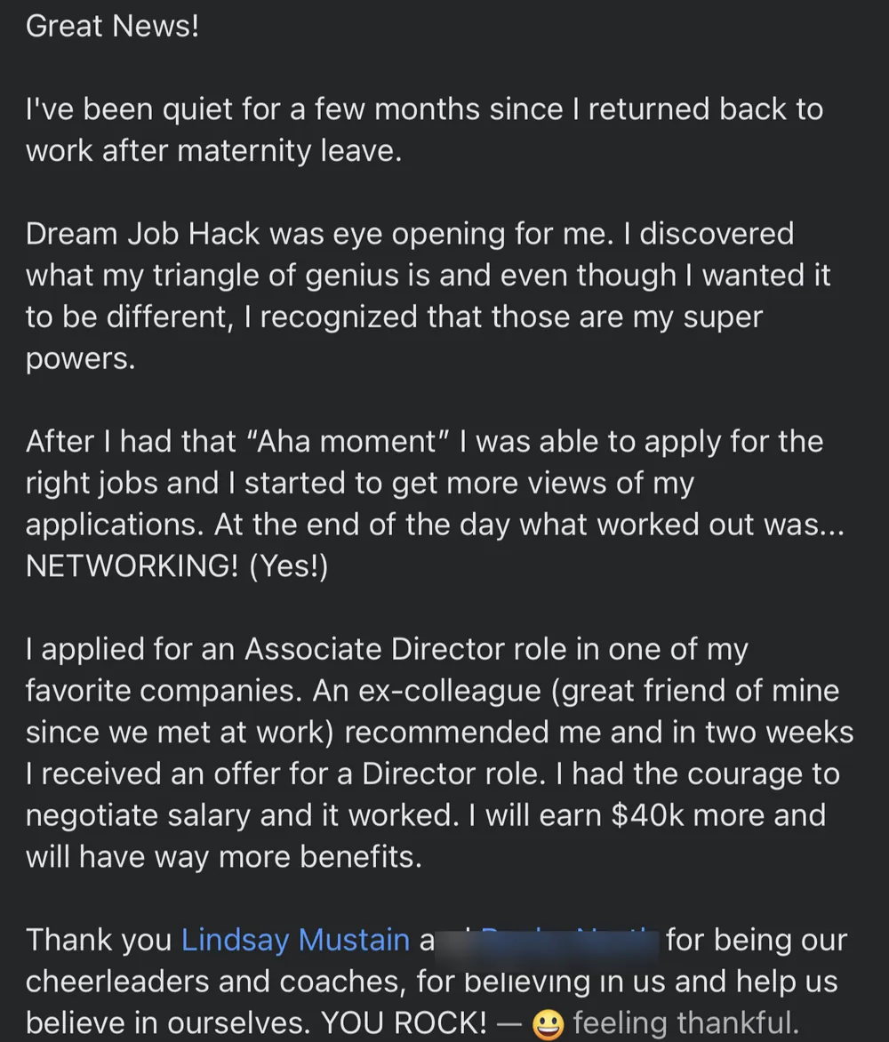 Verified Dream Job Hack client - An offer for a Director role, $40k more with far better benefits - verified client result, Lindsay Mustain coaching