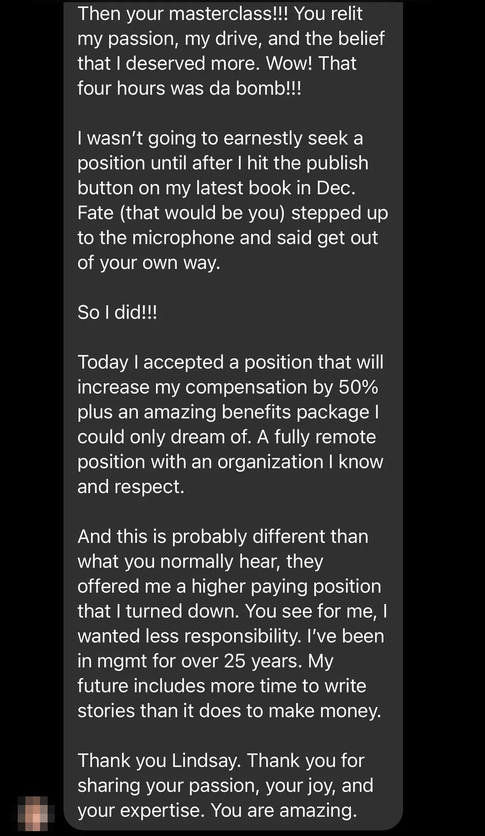 Verified Dream Job Hack client - Accepted a fully remote role with a 50 percent compensation increase - verified client result, Lindsay Mustain coaching