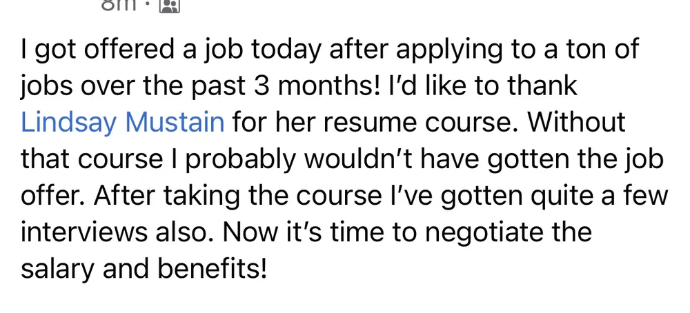 Verified Dream Job Hack client - Job offer and interviews after the resume course - verified client result, Lindsay Mustain coaching