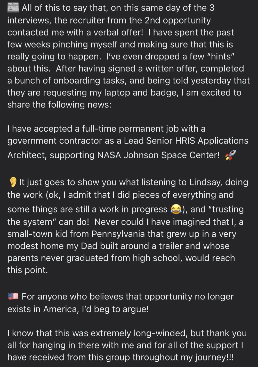 Verified Dream Job Hack client - Accepted a Lead Senior HRIS Architect role supporting NASA Johnson Space Center - verified client result, Lindsay Mustain coaching
