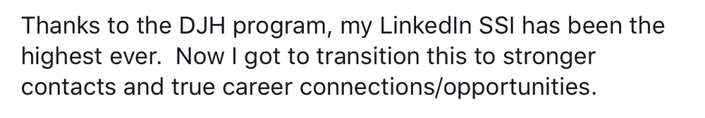 Verified Dream Job Hack client - LinkedIn SSI highest ever, Top 1 percent - verified client result, Lindsay Mustain coaching