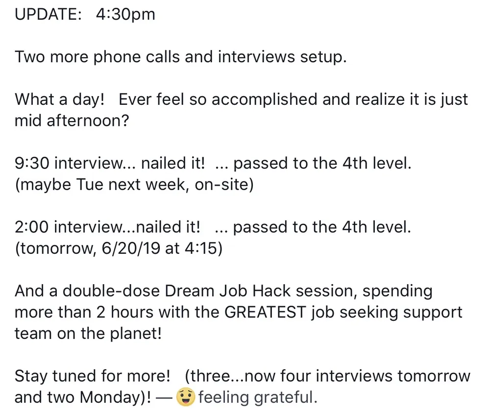 Verified Dream Job Hack client - Multiple interviews, passed to the fourth level - verified client result, Lindsay Mustain coaching