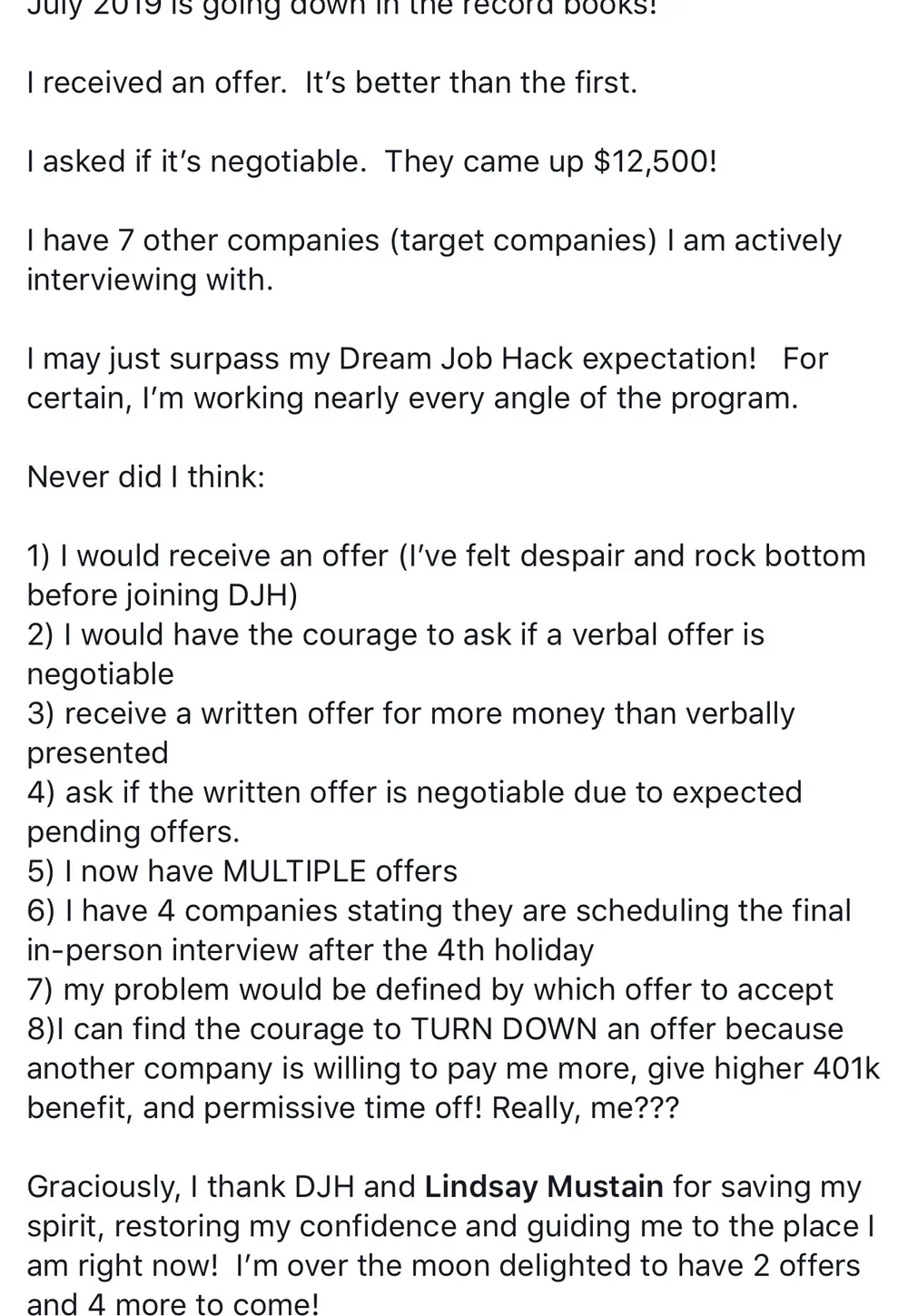 Verified Dream Job Hack client - Negotiated a $12,500 increase and had multiple offers - verified client result, Lindsay Mustain coaching