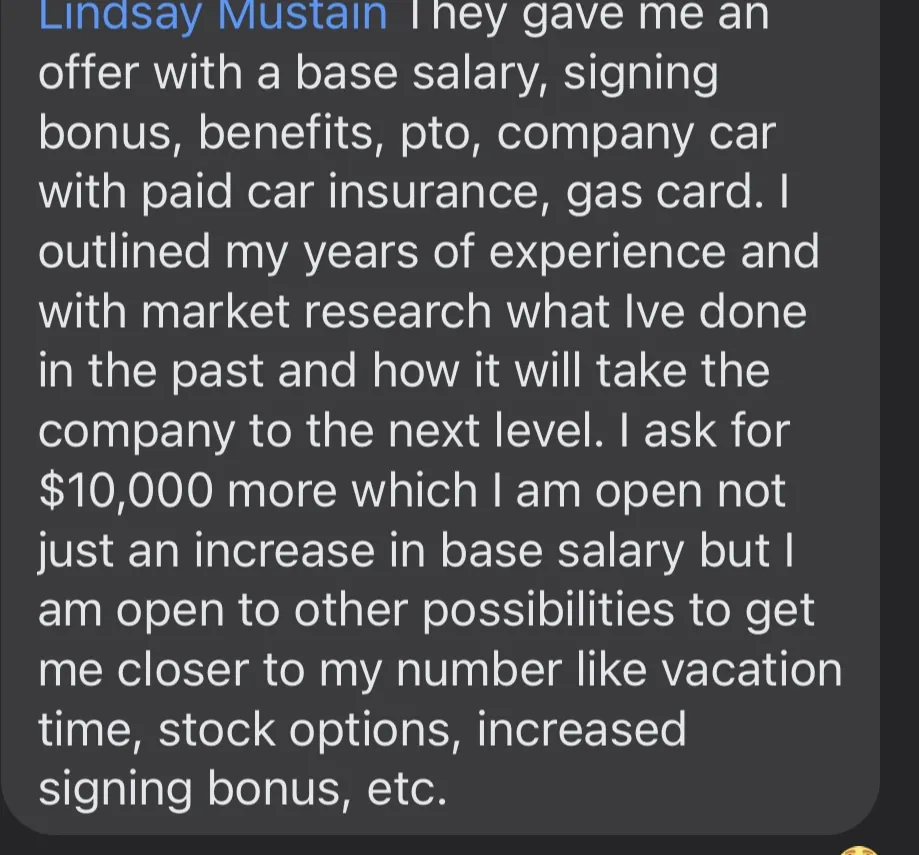 Verified Dream Job Hack client - An offer with base, bonus, benefits and a company car, then negotiated for more - verified client result, Lindsay Mustain coaching