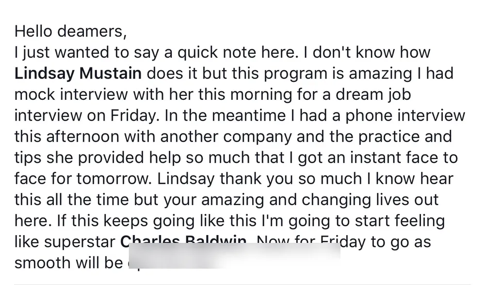 Verified Dream Job Hack client - Program is amazing, instant interviews - verified client result, Lindsay Mustain coaching