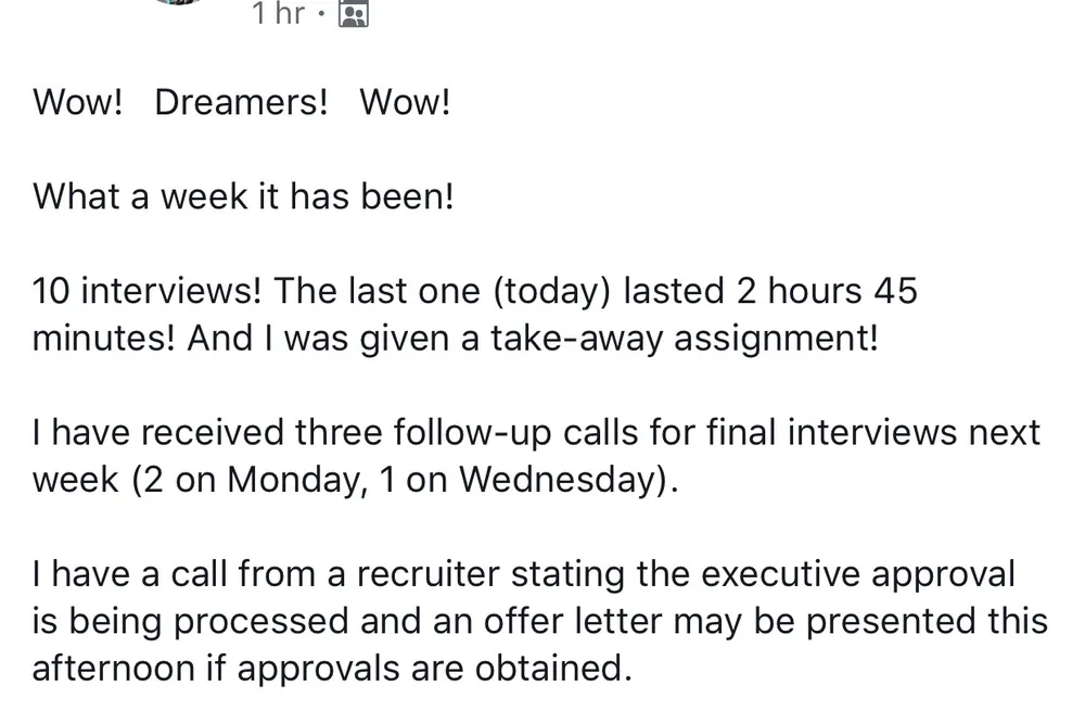 Verified Dream Job Hack client - Ten interviews in one week with an offer letter incoming - verified client result, Lindsay Mustain coaching