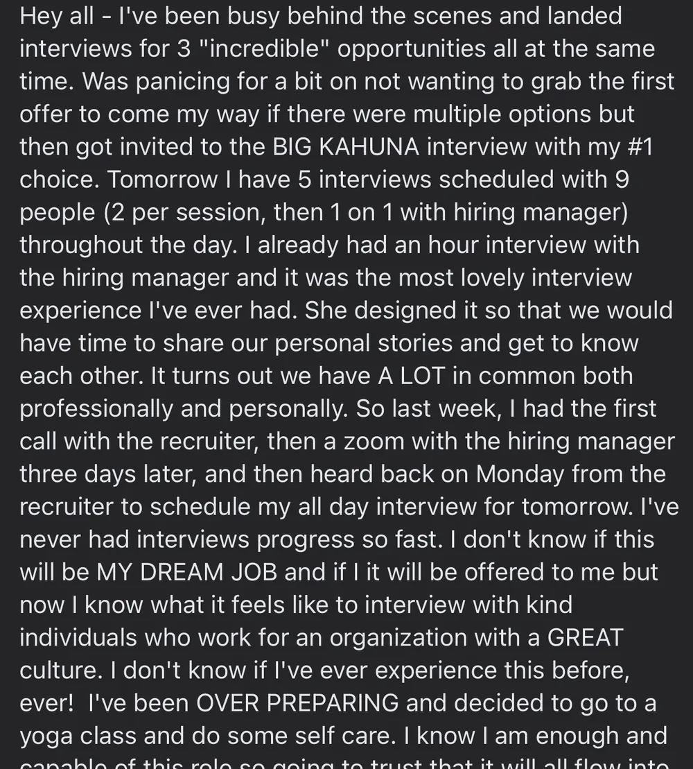 Verified Dream Job Hack client - Three incredible opportunities at once, the fastest interviews ever - verified client result, Lindsay Mustain coaching