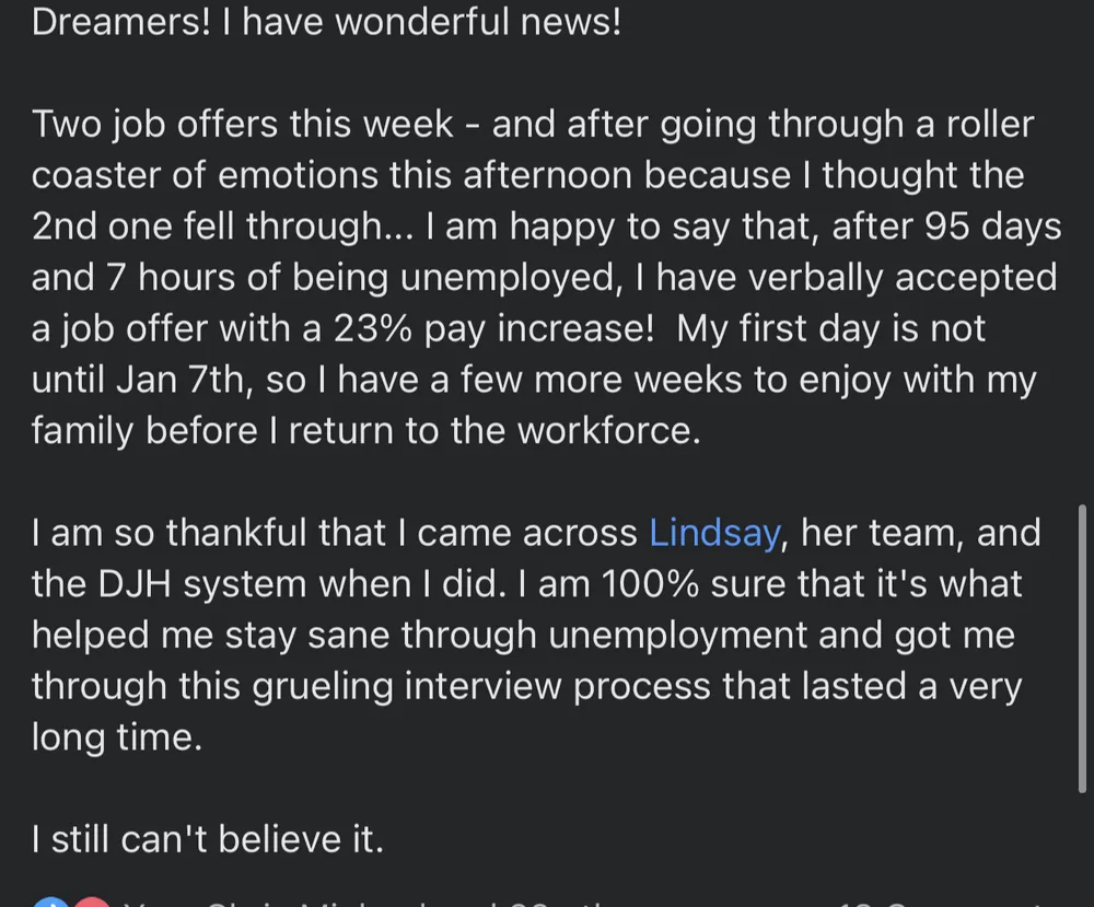Verified Dream Job Hack client - Two job offers in one week and a 23 percent pay increase - verified client result, Lindsay Mustain coaching