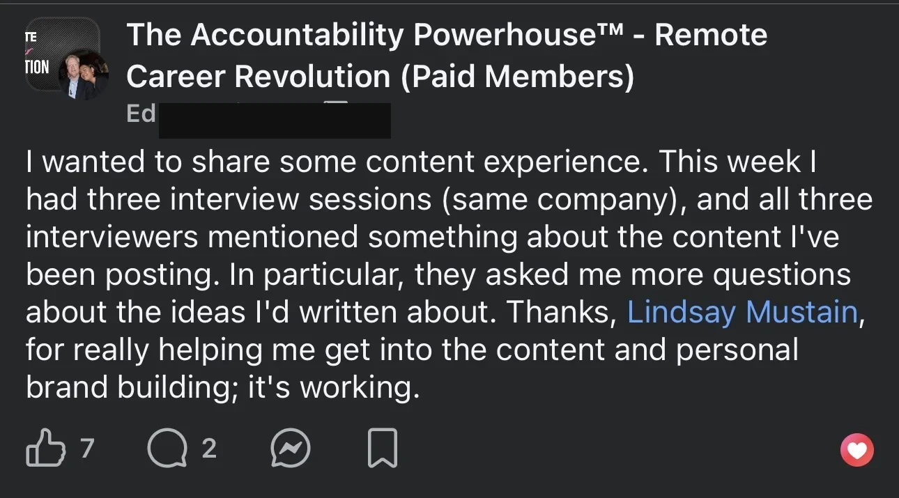 Ed Loessi RCR group - Three interview sessions same company, all three interviewers mentioned content I have been posting, thanks Lindsay Mustain, it is working - verified client result, Lindsay Mustain coaching