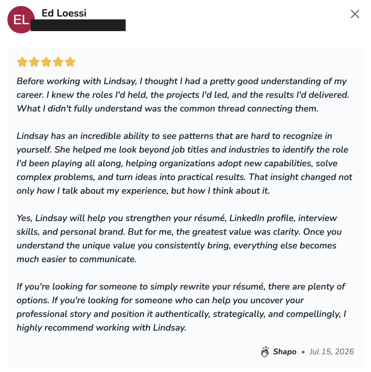 Ed Loessi 5-star Shapo review for Lindsay Mustain coaching - verified client result