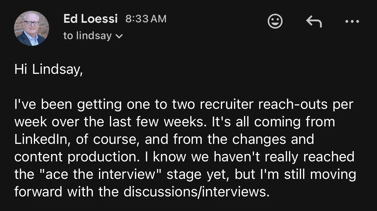 Ed Loessi, recruiter reachouts per week - verified client result, Lindsay Mustain coaching