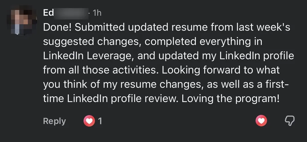 Ed - Completed LinkedIn Leverage and updated my profile, loving the program - verified client result, Lindsay Mustain coaching