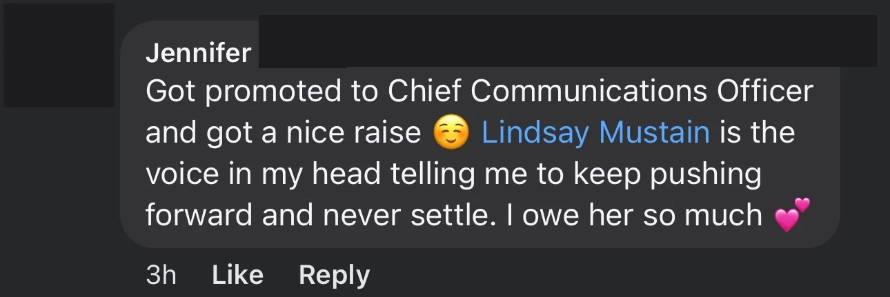 Jennifer, promoted to Chief Commercial Officer with a raise - verified client result, Lindsay Mustain coaching