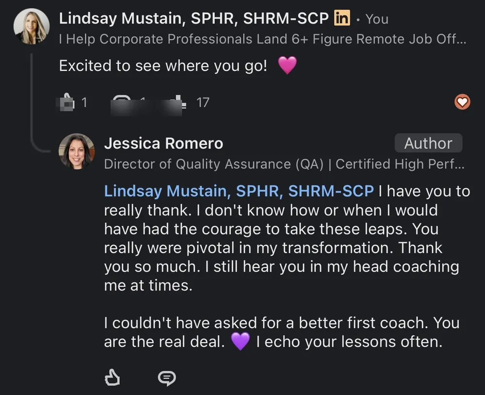 Jessica - You were pivotal in my transformation, could not have asked for a better first coach - verified client result, Lindsay Mustain coaching