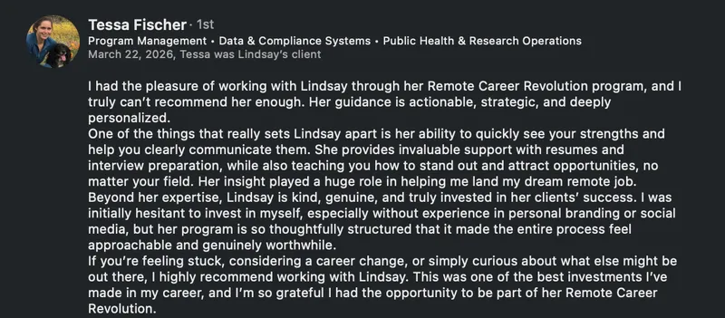 Tessa Fischer ist Program Management - Data Compliance Systems Public Health Research - verified client result, Lindsay Mustain coaching