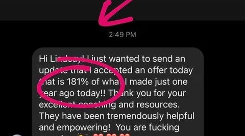 LiseeayLiust wanted to send an update iacl accented an offer today jat is 181% of wha. - verified client result, Lindsay Mustain coaching