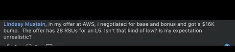 Lindsay Mustain, in my offer at AWS, negotiated for base and bonus and got a $16K bump. - verified client result, Lindsay Mustain coaching