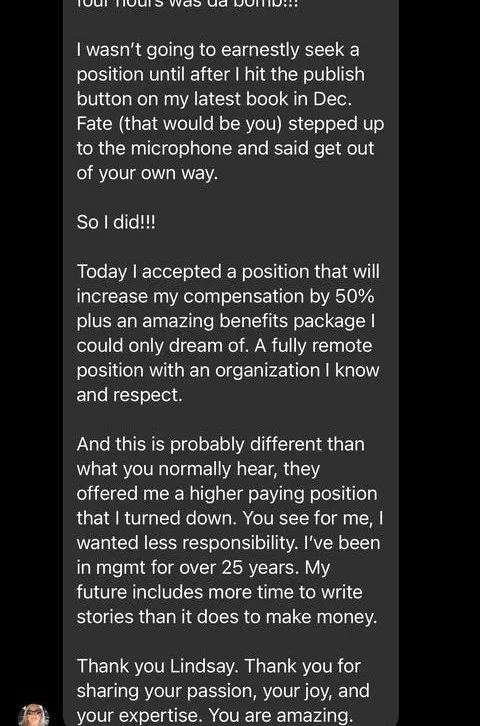 IMM PIU Oo VEO US NUT eee wasn't going to earnestly seek a position until after hit the - verified client result, Lindsay Mustain coaching