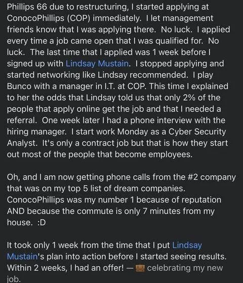 Phillips 66 due to restructuring, started applying at ConocoPhillips COP immediately. let - verified client result, Lindsay Mustain coaching