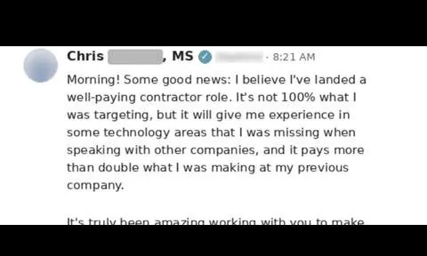 tet hg , MS Morning! Some good news believe I've landed a well-paying contractor role. - verified client result, Lindsay Mustain coaching