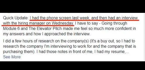 Quick Update had the phone screen last week, and then had an interview with the hiring - verified client result, Lindsay Mustain coaching