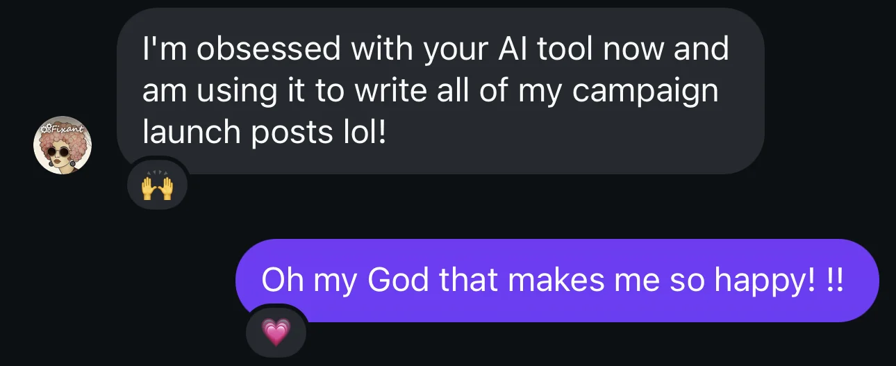 Lori Sloan - I am obsessed with your AI tool now and am using it to write all of my campaign launch posts - verified Lindsay AI client result, Lindsay Mustain coaching