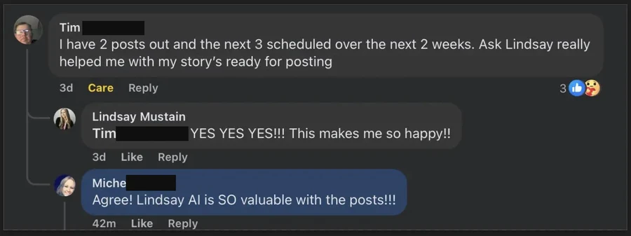 Michele - Lindsay AI is SO valuable with the posts - verified client result, Lindsay Mustain coaching