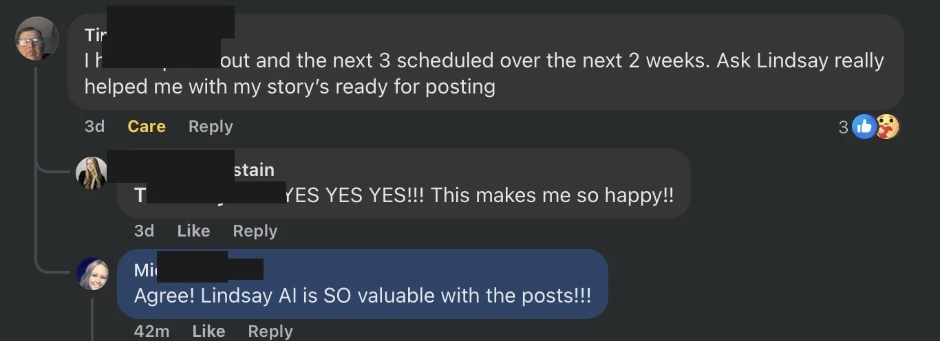 Michele Smith - Agree, Lindsay AI is SO valuable with the posts - verified client result, Lindsay Mustain coaching