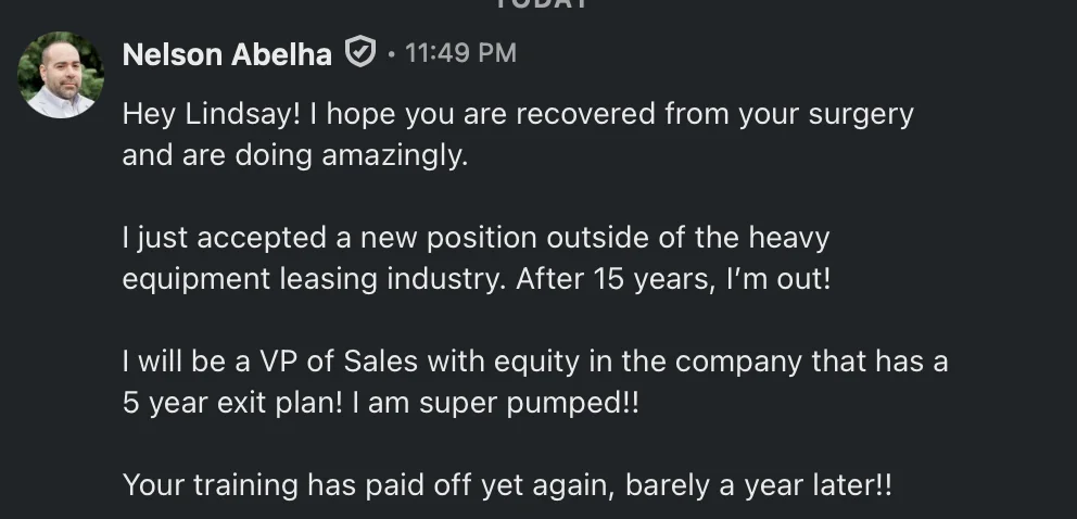 Nelson Abelha, VP Sales with equity and 5-year exit plan - verified client result, Lindsay Mustain coaching