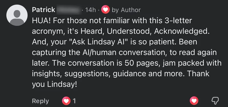 Patrick . 14h - by Author HUA! For those not familiar with this 3-letter acronym, it's - verified client result, Lindsay Mustain coaching