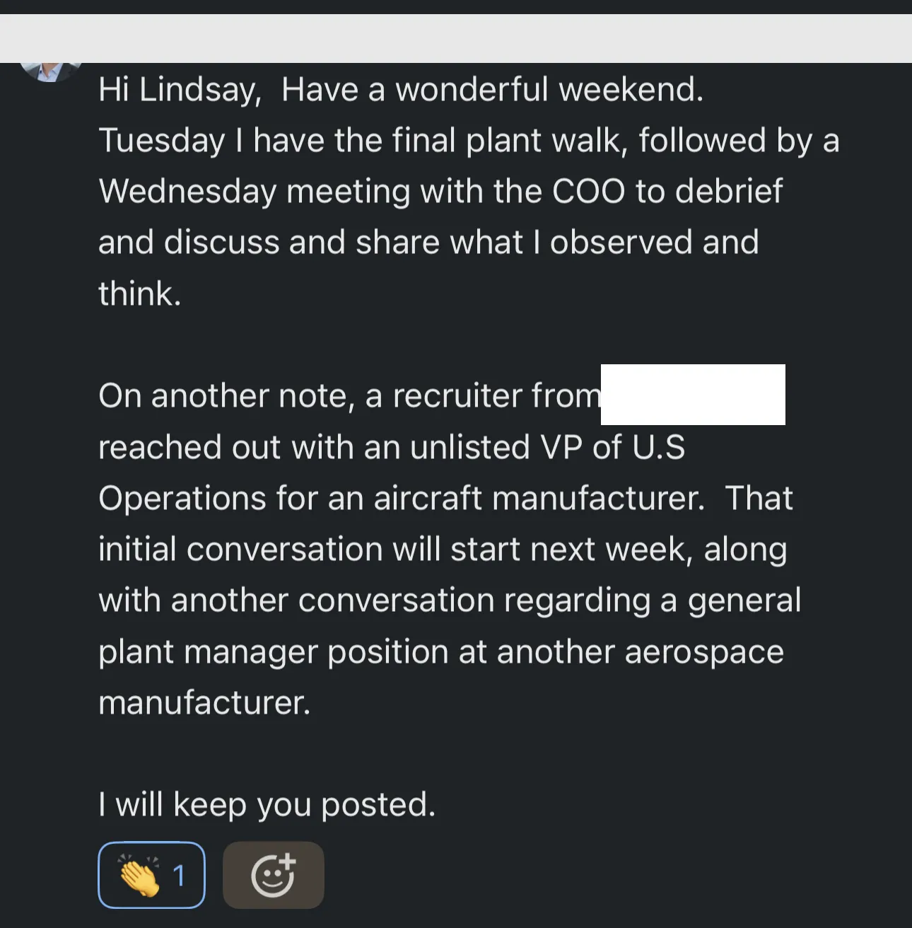 Senior leader client receives VP of US Operations outreach at aircraft manufacturer plus additional plant manager opportunity at aerospace manufacturer - verified client result, Lindsay Mustain coaching