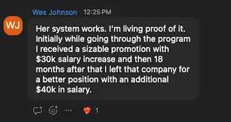 Client receives $30k salary increase promotion while in the program, then lands new position 18 months later with additional $40k raise - $70k total in compensation growth - verified client result, Lindsay Mustain coaching